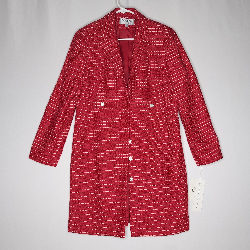 Worth Button Coat Petite 10p Vtg Cotton Red Stripe Woven Pocket Quiet Luxury